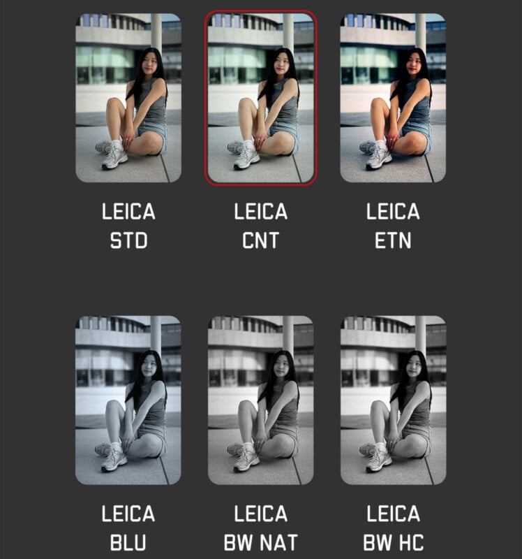 A woman kneels and smiles on a pavement in front of a modern building in six different photo modes. The modes are labeled: LEICA STD, LEICA CNT, LEICA ETN, LEICA BLU, LEICA BW NAT, and LEICA BW HC. The second photo, LEICA CNT, is highlighted with a red border.
