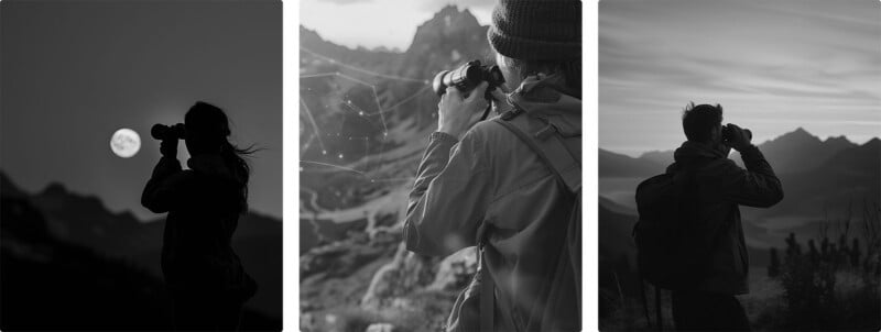 Three grayscale images of people using binoculars to observe landscapes. The first image shows a person looking at the moon at night; the second shows a person in a beanie overlooking mountains; the third depicts a person overlooking a mountain range at sunrise.