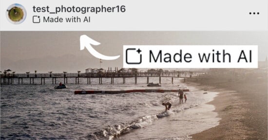 A social media post from user "test_photographer16" featuring a beach scene during sunset with a pier extending into the water. An arrow points to the caption "Made with AI," emphasizing the use of artificial intelligence in the creation of the image.