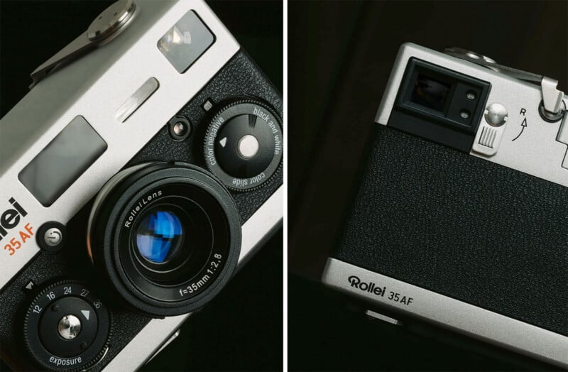 Side-by-side images of a Rollei 35 AF camera. The left image shows the front view with the lens and various controls. The right image displays the back view, featuring the viewfinder and part of the camera body with a textured black surface.