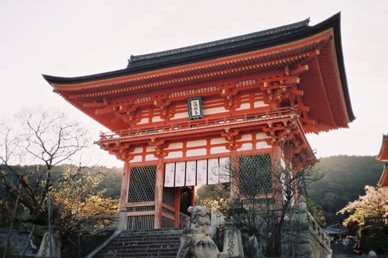A traditional Japanese temple gate with a tiered roof and vibrant red wooden beams stands against a backdrop of trees and hills. Stone statues guard the entrance, and cherry blossoms are visible in the vicinity, adding to the serene atmosphere.