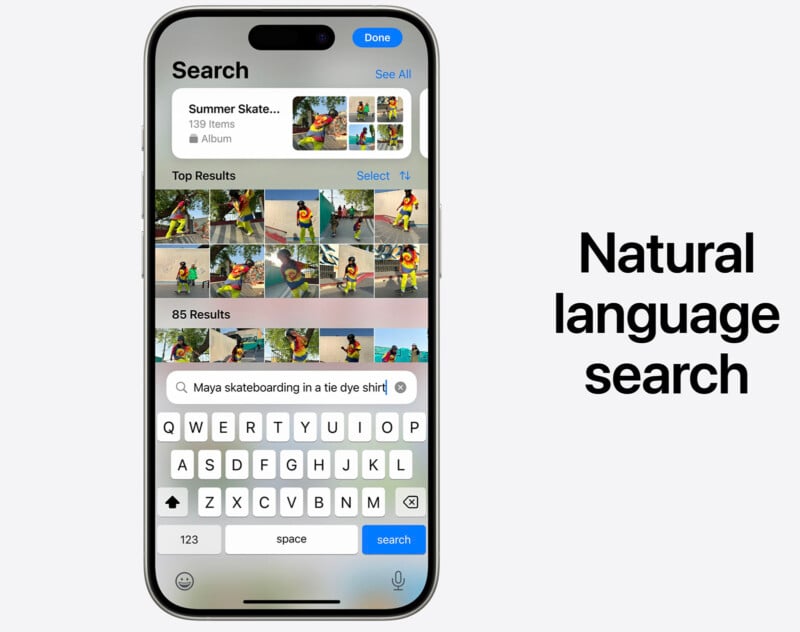A smartphone screen shows a search function in a photo app using natural language search. The query "Maya skateboarding in a tie dye shirt" highlights search results featuring a person skateboarding and wearing a tie-dye shirt. Text reads "Natural language search.