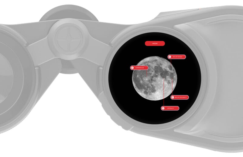 Close-up of binoculars focusing on the moon. The moon is clearly visible in the right lens, with labels pointing to different details. The binocular frame is gray and the labels are in red text.