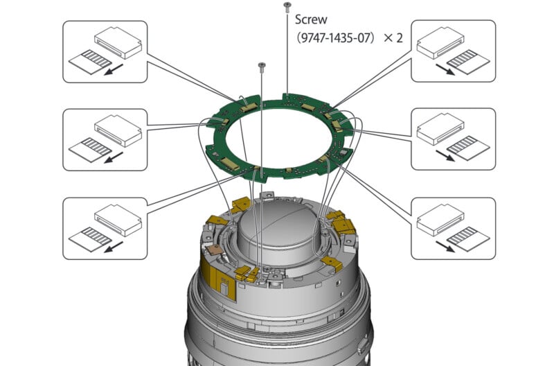 An exploded diagram of an assembly showing a circular circuit board being placed onto a cylindrical device with six connection points highlighted. Arrows indicate the placement of components, and two screws labeled "Screw (9747-1435-07) x 2" are shown for securing the board.