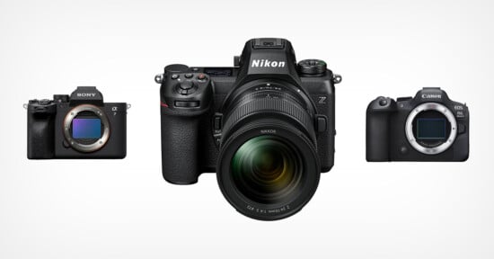 Three digital cameras are displayed against a white background. From left to right, they are a Sony Alpha model, a Nikon Z model, and a Canon EOS model. Each camera has a prominent lens mount or attached lens, showing part of their front designs.