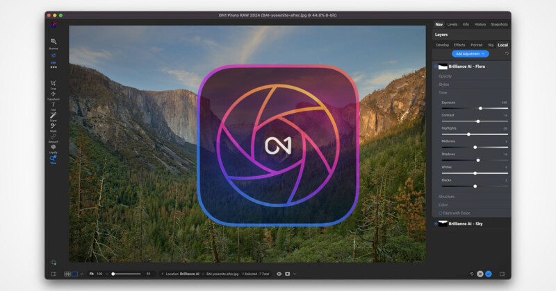 A screenshot of photo editing software ON1 Photo RAW displayed on a desktop. The interface shows editing tools on the right and a landscape photo of a forest and mountains in the main viewing area, overlaid with the ON1 logo.