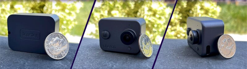 Three images of a small, compact camera placed alongside a coin for scale. The first shows the back of the camera, the second shows the front with the lens and button, and the third shows an angled side view. The background is blurred greenery.