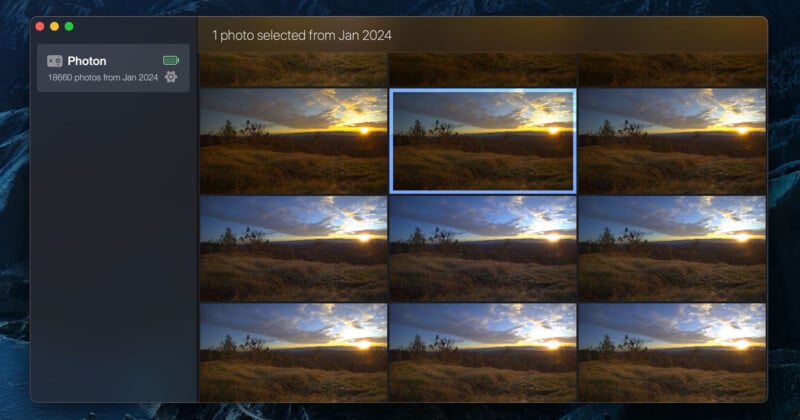 A computer screen displays a photo management application with a selection of nine sunset photos. One photo is highlighted in blue. On the left sidebar, an album titled "Jan 2024" is visible with a count of 18,689 photos. The sunset photos show a landscape with sparse trees.