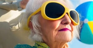 An elderly woman with white hair is wearing large, bold yellow sunglasses and bright pink lipstick. She looks content and relaxed, with a colorful beach ball blurred in the background. The scene suggests a sunny day at the beach.