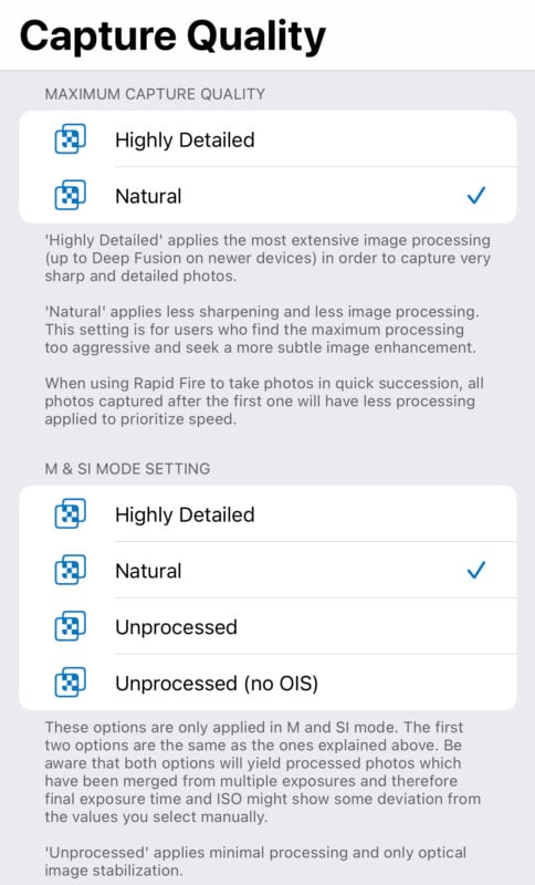A settings menu for "Capture Quality" on a device. It includes options for "Maximum Capture Quality" with choices of "Highly Detailed" and "Natural," and "M & SI Mode Setting" with choices of "Highly Detailed," "Natural," "Unprocessed," and "Unprocessed (no OIS)." Descriptive text explains each option.