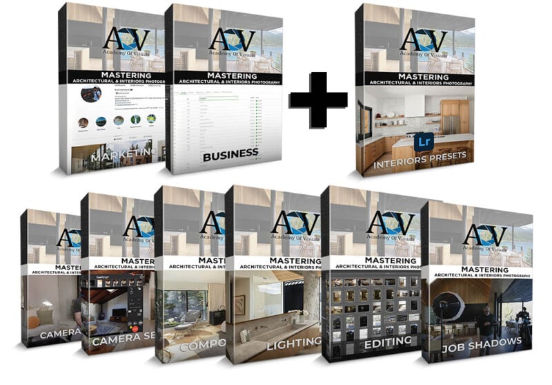 A collection of training materials titled "Mastering Architectural & Interiors Photography" by Architecture of Visuals includes separate modules on marketing, business, presets, camera settings, composition, lighting, editing, job shadows, and interiors presets.