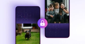 A composite image featuring two smartphones. The left phone displays a small dog running on grass with a code-like background, and the right phone shows three laughing children sitting together with the same code-like background. A padlock icon is in the middle.