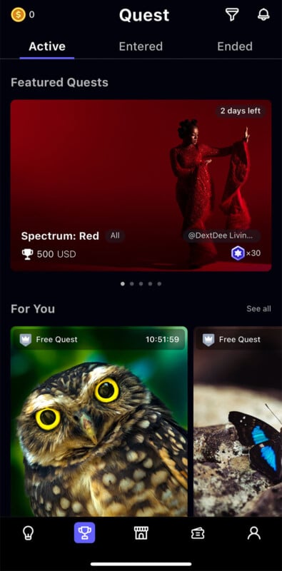 A mobile app screen showing active quests. The featured quest is "Spectrum: Red" with 2 days left, offering 500 USD. Below, a section labeled "For You" displays two free quests: one with an owl image and the other with a butterfly image.