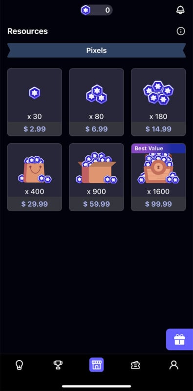 A mobile app screen displays different packages of "Pixels" for purchase. Options include 30 for $2.99, 100 for $6.99, 280 for $14.99, 400 for $29.99, 900 for $59.99, and 1600 for $99.99. A shopping cart icon is at the bottom center of the screen.