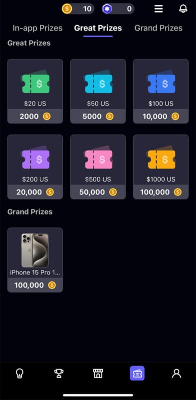 A mobile app screen displaying a prize redemption section. Users can redeem points (coins) for various prizes, including $20 US (2000 coins), $50 US (5000 coins), $100 US (10000 coins), $200 US (20000 coins), $500 US (50000 coins), $1000 US (100000 coins), and an iPhone 15 Pro (100000 coins). There are 10 tokens and 0 coins shown at the top of the screen. Navigation icons are at the bottom.