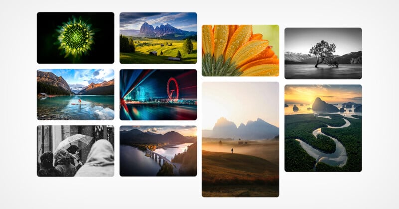 A collage of various scenic images including close-ups of flowers, lush green landscapes, mountains, a lone tree by water, a serene lake, a cityscape with light trails and a Ferris wheel, people under umbrellas, and a winding river at sunrise.