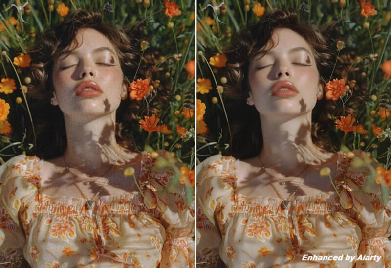 A young woman with closed eyes lies in a field of orange flowers. She is wearing a floral dress that complements the flowers around her. The image is enhanced, with heightened contrast and vibrant colors. The text "Enhanced by Airity" is present at the bottom right corner.
