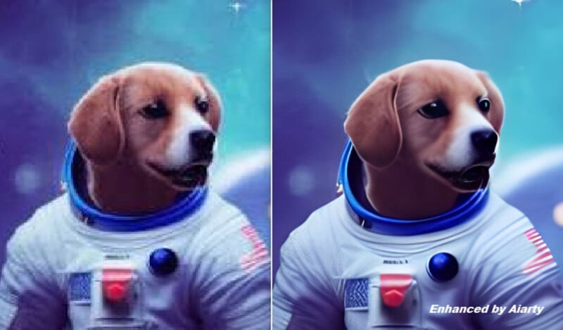 Two side-by-side images show a dog in a white astronaut suit with a NASA logo. The left version appears slightly blurred, while the right version is sharper and more vivid, with the text "Enhanced by Aiarty" in the bottom right corner. A cosmic background is visible.