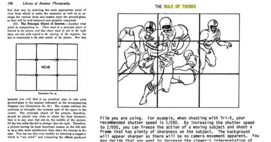 A page from a photography guide features text and two images. The first image shows a composition grid with labeled sections to demonstrate weak and strong points. The second image illustrates the "Rule of Thirds" with a football scene divided into nine equal parts using lines.
