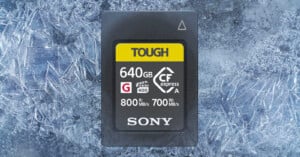 A Sony TOUGH CFexpress Type A memory card with 640GB capacity is shown against a frosty, ice-covered background. The card's label indicates a read speed of 800 MB/s and a write speed of 700 MB/s along with a VPG400 rating.
