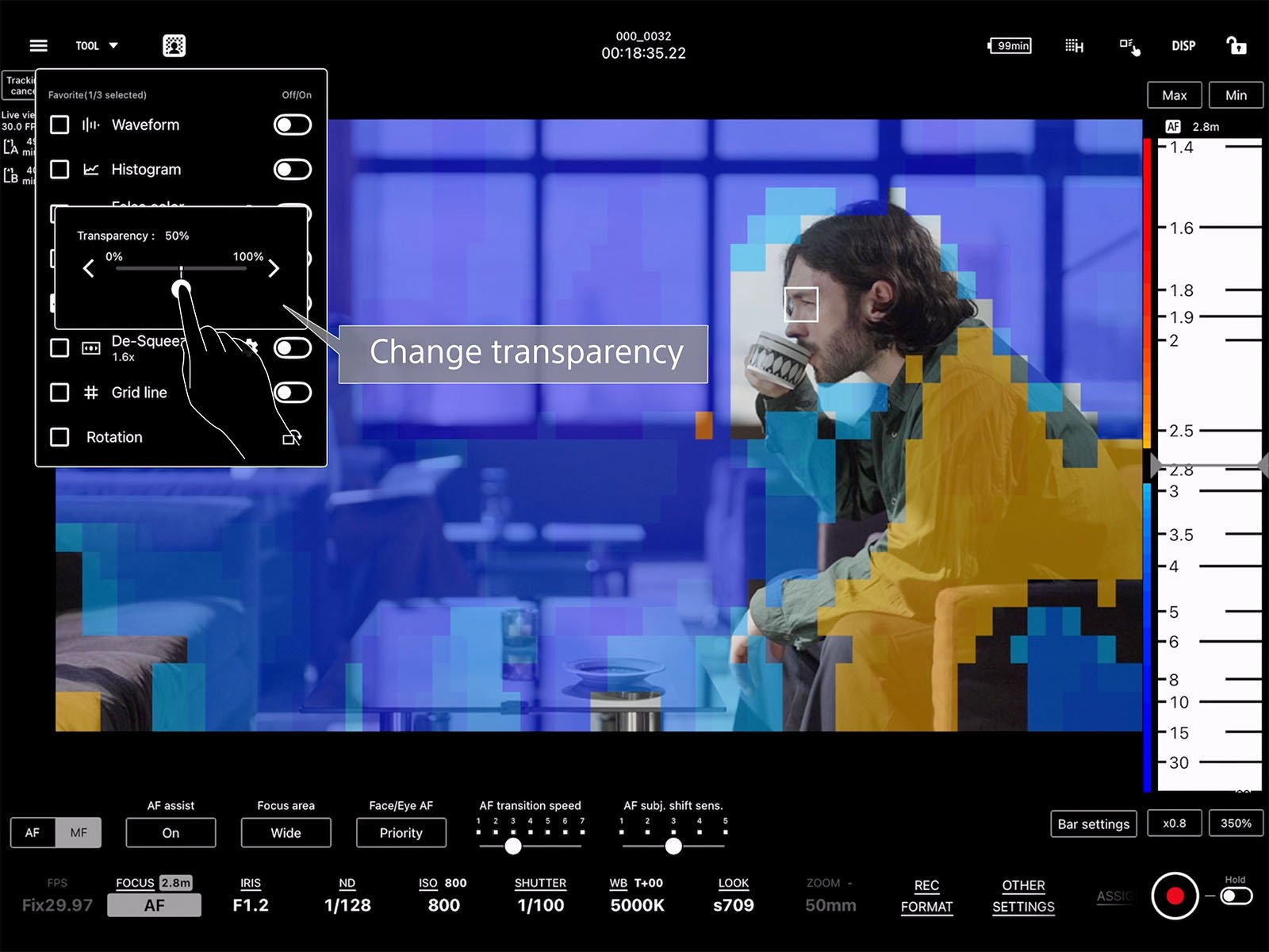 A camera interface shows a partially transparent overlay on an image of a person drinking coffee. Controls for waveform, histogram, de-squeeze, grid, image rotation, and transparency adjustment are visible. A slider adjusts the transparency level, set to 100%.