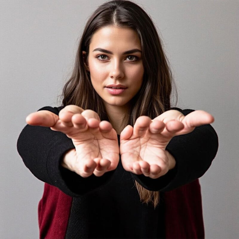 A woman with long dark hair and a serious expression is extending her arms forward with palms open and fingers spread. She is wearing a black top with a maroon sweater. Gray background.