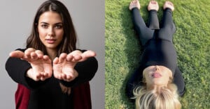 The image is split into two sections. On the left, a woman with long brown hair extends her hands toward the camera. On the right, a person lies on their back on the grass, dressed in black, with their arms at their sides and feet slightly apart.