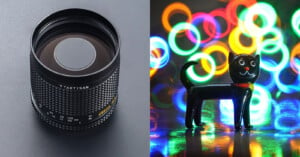 The image is divided into two sides. The left side shows a close-up of a TTArtisan camera lens on a gray background. The right side shows a toy black cat with colorful bokeh light circles in the background. The cat has a red collar and white eyes.