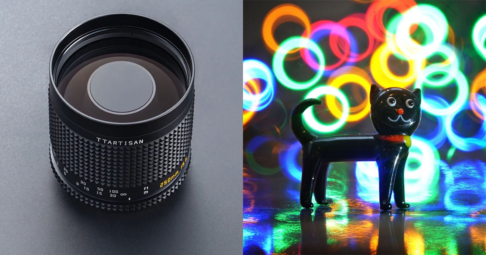 The image is divided into two sides. The left side shows a close-up of a TTArtisan camera lens on a gray background. The right side shows a toy black cat with colorful bokeh light circles in the background. The cat has a red collar and white eyes.