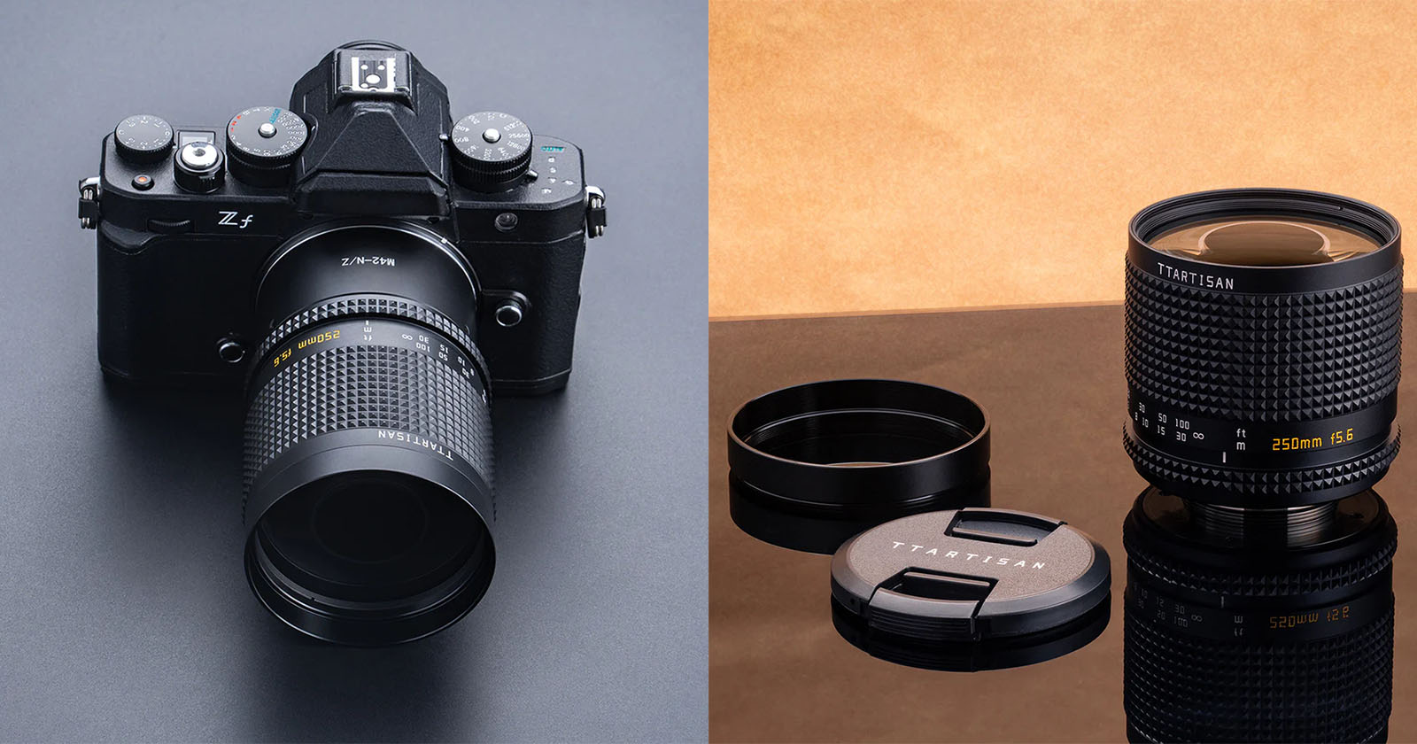 On the left, a black DSLR camera is shown with an attached large lens, placed on a black surface. On the right, a detached camera lens and its cap are displayed on a reflective black surface with a beige background. The lens brand is "TTArtisan.