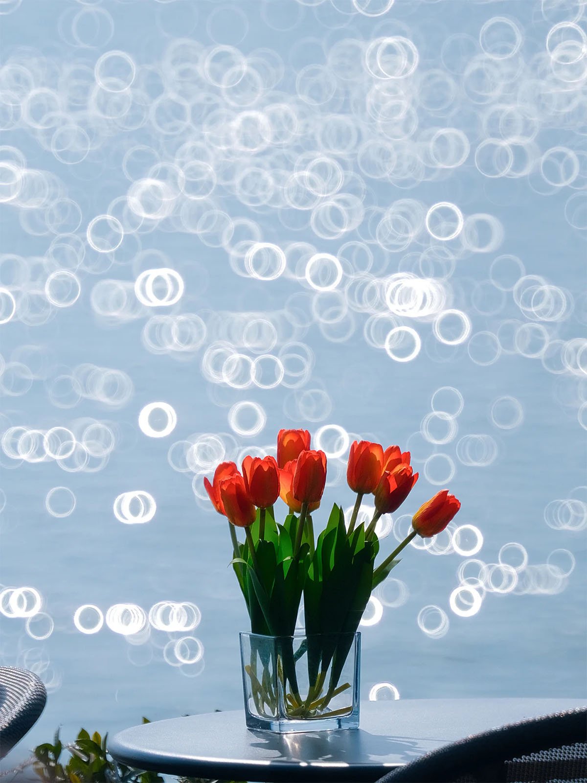 A clear glass vase with vibrant red tulips is placed on a round table. The background features a soft blur with large, circular bokeh lights that evoke the reflection of sunlight on water. The scene exudes a serene and tranquil atmosphere.