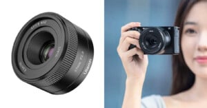 On the left, a close-up of a 27mm F1.8 camera lens by Ulanzi. On the right, a person with long hair is holding a camera with the same lens attached, ready to take a photo. The background is blurred.