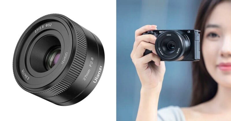 On the left, a close-up of a 27mm F1.8 camera lens by Ulanzi. On the right, a person with long hair is holding a camera with the same lens attached, ready to take a photo. The background is blurred.