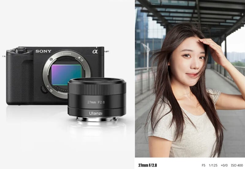A Sony Alpha camera with a Ulanzi 27mm F2.8 lens is on the left. On the right, a woman smiles and holds her hair back while standing in a modern outdoor corridor. Below, camera settings are displayed: 27mm F/2.8, F5, 1/125, +0.0, ISO 400.