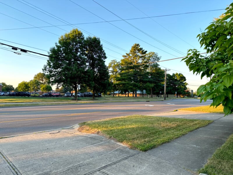 A quiet suburban street bordered by a grassy sidewalk and large trees. Power lines stretch across the sky, and parked cars are visible in the distance. The sun casts a warm, late afternoon glow over the scene.