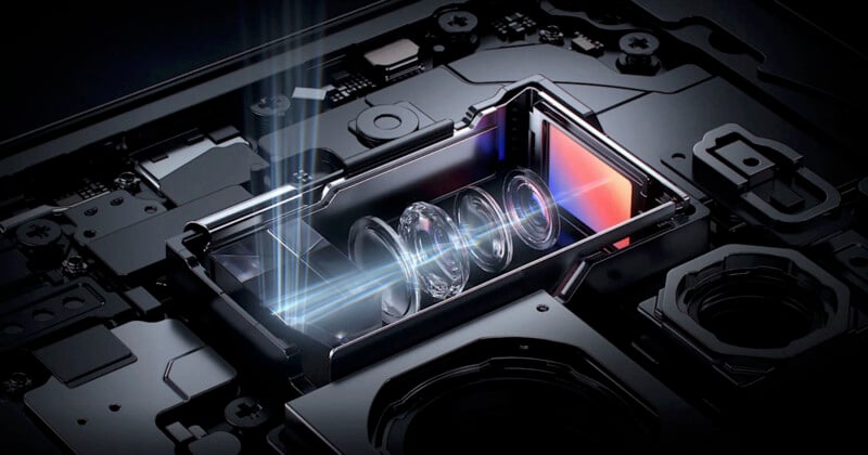 A close-up of a smartphone camera module with multiple lenses and intricate mechanical components. Blue light beams are shown interacting with the lenses, indicating the pathway of the light as it passes through the camera system. The background is dark and metallic.
