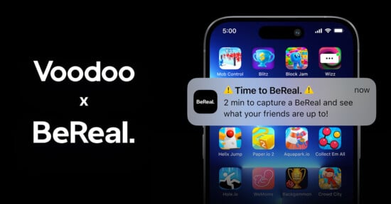 A smartphone screen displaying various app icons with a notification overlay from BeReal. The notification reads: "Time to BeReal. 2 min to capture a BeReal and see what your friends are up to!" On the left, the text "Voodoo x BeReal" is visible on a black background.