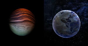 An image featuring two planets against a star-filled backdrop. The planet on the left has a striped, red and green surface. The planet on the right resembles Earth but with dark, muted tones and prominent landmasses.