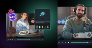 A split-screen image shows two video scenes. On the left, a woman with long hair sits in front of a laptop with playful stickers like "OMG!" and a disc player. On the right, a bearded man uses a professional microphone with a soundwave graphic and a chat bubble.