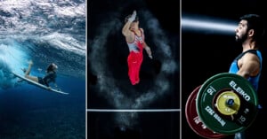 A triptych image showing three athletes: on the left, a surfer rides a wave underwater; in the center, a gymnast performs with chalk dust swirling around; on the right, a weightlifter prepares to lift a barbell with several weight plates.