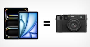 A visual comparison showing two tablets on the left and a camera on the right, connected by an equal sign. The tablets display vibrant screens, suggesting they are high-end models. The camera appears to be a black, compact digital camera with a classic design.
