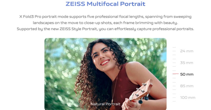 A person with curly hair smiles while holding a ukulele outdoors. The text above describes the ZEISS Multifocal Portrait feature of the X Fold3 Pro, highlighting its five professional focal lengths from 24mm to 125mm. The current setting is at 50mm, labeled "Natural Portrait.