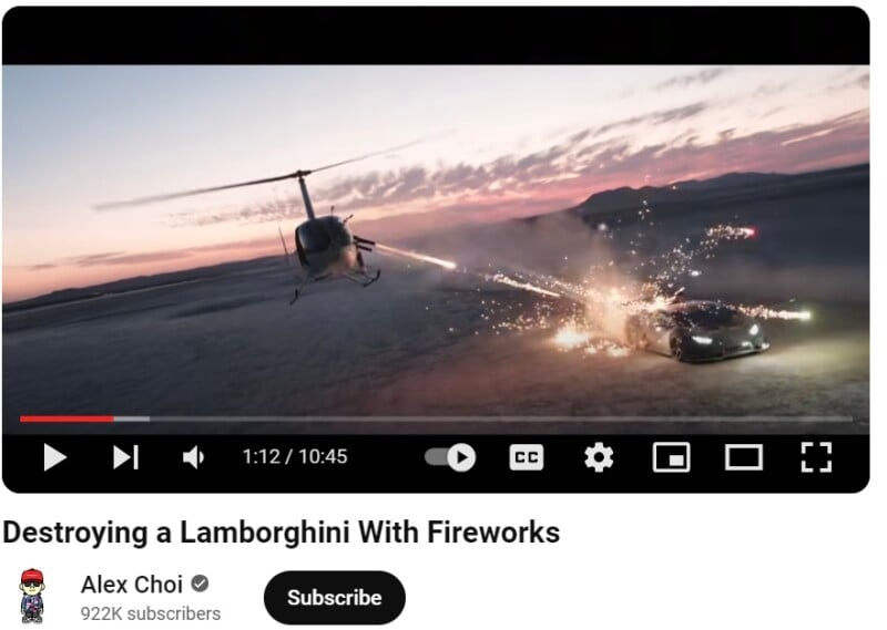A YouTube video thumbnail shows a dramatic scene with a helicopter flying close to the ground while a Lamborghini is being engulfed in fireworks. Text below the video player reads, "Destroying a Lamborghini With Fireworks." The channel name "Alex Choi" and subscriber count are visible.