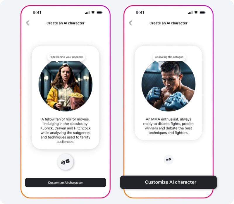 Two mobile screens display options for creating an AI character. The left screen shows a woman with popcorn as a horror movie fan. The right screen shows a man in boxing gloves as an MMA enthusiast. Each has a "Customize AI character" button at the bottom.