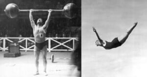 A black and white image divided into two parts. On the left, a weightlifter wearing a singlet and belt holds a large barbell overhead in a gym setting. On the right, a diver in mid-air, fully extended in a dive, against a clear sky backdrop.