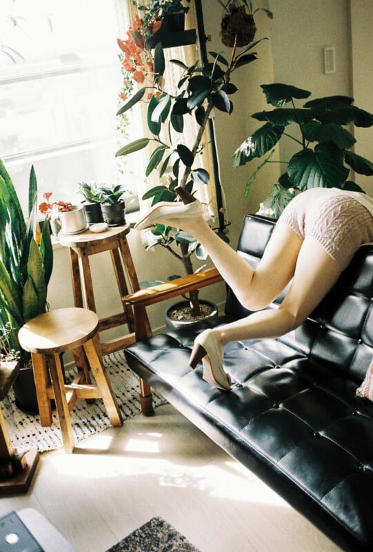 A bright room with various potted plants. A person is playfully posed on a black leather couch, legs and high heels visible, leaning forward out of view. The scene has a whimsical and light-hearted ambiance with sunlight streaming through a window.