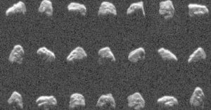 A grid of 25 grayscale images shows different views of a rotating asteroid, revealing its uneven and irregular surface. The asteroid appears to tumble and turn as it floats in space, with varying shadows and contours visible in each frame.