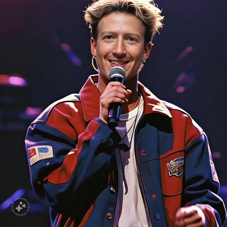 A person stands on stage holding a microphone, smiling. They are wearing a colorful jacket with patches and a white shirt underneath. The background is dark, with lights creating a vibrant atmosphere.