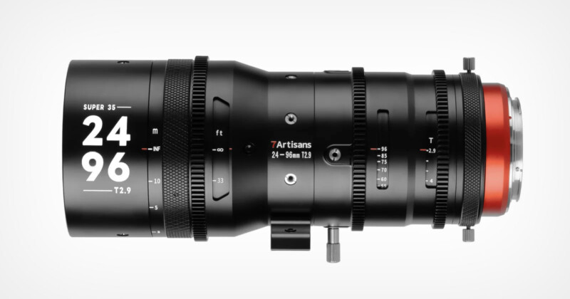 A 7Artisans 24-96mm T2.9 cine lens with a Super 35 format. The lens features various focus, aperture, and zoom rings, along with numerical markings on the side for precise adjustments. Its sleek black design is accented with a vibrant red ring at the mount end.