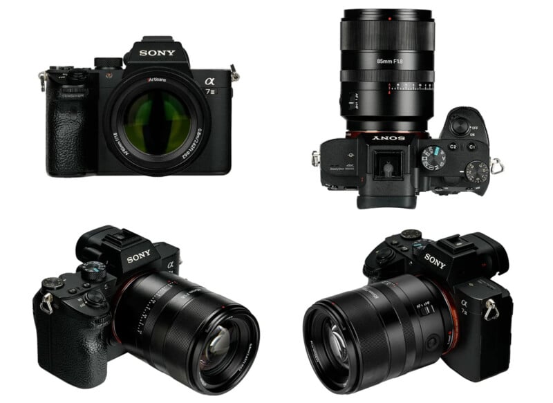 Four views of a Sony Alpha camera with a lens attached. The image shows the front, top, and two side angles, highlighting various features including the lens, controls, and the overall design of the camera.